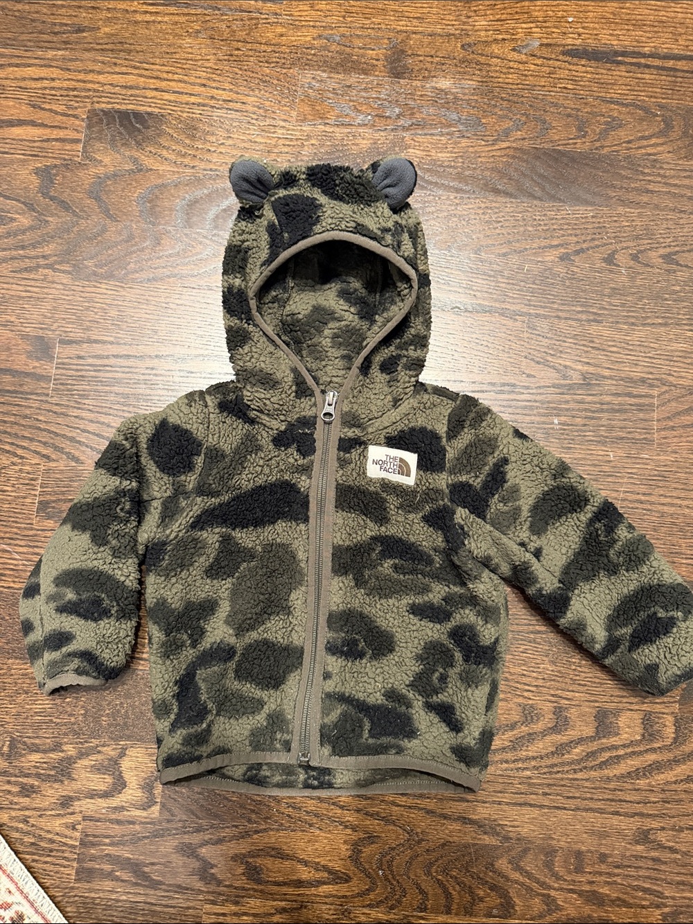 The North Face teddy bear Sherpa Olive Green Camo Hoodie with Ears 12-18 months